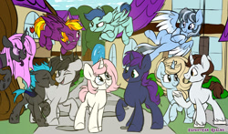 Size: 1024x602 | Tagged: safe, artist:kellythedrawinguni, oc, oc only, oc:ember, oc:kelly, oc:orchid, species:changeling, species:pegasus, species:pony, species:unicorn, changeling oc, curved horn, female, glasses, horn, male, mare, stallion