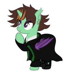 Size: 3576x3760 | Tagged: safe, artist:magicdarkart, oc, oc only, oc:mareula snyde, species:alicorn, species:bat pony, species:pony, alicorn oc, bat pony alicorn, bat pony oc, boots, cape, cloak, clothing, commission, crossover, ear piercing, earring, eyeshadow, fangs, female, harry potter, hogwarts mystery, jewelry, makeup, mare, merula snyde, necktie, piercing, raised hoof, shoes, simple background, slytherin, socks, solo, stockings, thigh highs, torn clothes, transparent background