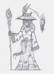 Size: 1188x1635 | Tagged: safe, artist:kuroneko, derpibooru original, character:catrina, g1, clothing, female, grayscale, hat, monochrome, pencil drawing, simple background, solo, staff, traditional art, white background, wizard hat