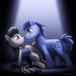 Size: 1080x1080 | Tagged: dead source, safe, artist:pluckyninja, character:blues, character:noteworthy, character:octavia melody, species:earth pony, species:pony, ship:notetavia, g4, blushing, dancing, eye contact, female, looking at each other, male, mare, photoshop, rarepair, shipping, spotlight, stallion, straight
