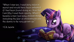 Size: 1920x1080 | Tagged: dead source, safe, artist:pluckyninja, character:twilight sparkle, character:twilight sparkle (unicorn), species:pony, species:unicorn, aslan, bed, book, c.s. lewis, chronicles of narnia, crossover, female, gradient background, mare, photoshop, prone, quote, reading, smiling, solo, text, wallpaper