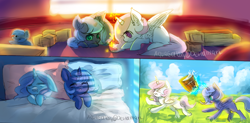 Size: 1426x702 | Tagged: safe, artist:aquagalaxy, character:princess celestia, character:princess luna, species:alicorn, species:pony, >.<, blanket, blocks, bucket of water, cewestia, colored pupils, cute, cutelestia, ear fluff, eyes closed, female, filly, floppy ears, lunabetes, magic, open mouth, pillow, pink-mane celestia, plushie, prone, royal sisters, scrunchy face, sisters, sleeping, wavy mouth, woona, younger