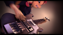 Size: 3840x2160 | Tagged: safe, artist:imafutureguitarhero, character:sunset shimmer, species:anthro, 3d, bass guitar, black bars, chromatic aberration, clothing, colored eyebrows, equestria girls outfit, female, film grain, gradient background, gritted teeth, guitar, high res, jacket, leather jacket, metal as fuck, motion blur, multicolored hair, musical instrument, playing guitar, playing instrument, rickenbacker, rocking out, signature, solo, source filmmaker, sunset shredder, wallpaper