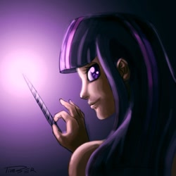 Size: 1000x1000 | Tagged: dead source, safe, artist:pluckyninja, character:twilight sparkle, species:human, g4, female, horn wand, humanized, looking back, magic, photoshop, solo, wand