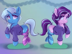 Size: 4096x3072 | Tagged: safe, artist:ardail, character:starlight glimmer, character:trixie, species:pony, species:unicorn, clothing, cute, duo, female, hoodie, looking at you, mare, messy mane, smiling, socks, striped socks