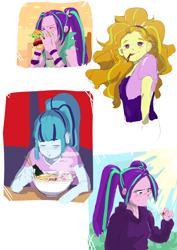 Size: 2894x4093 | Tagged: safe, artist:amazingpuffhair, character:adagio dazzle, character:aria blaze, character:sonata dusk, g4, my little pony: equestria girls, my little pony:equestria girls, adoragio, ariabetes, blushing, burger, chopsticks, cute, eating, eyes closed, food, hamburger, japanese food, no pupils, noodles, pocky, popsicle, ramen, sonatabetes, the dazzlings, tongue out