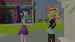 Size: 3265x1837 | Tagged: safe, artist:optimussparkle, character:sunset shimmer, character:twilight sparkle, character:twilight sparkle (scitwi), species:eqg human, g4, my little pony: equestria girls, my little pony:equestria girls, 3d, geode of telekinesis, human sunset, magical geodes, source filmmaker