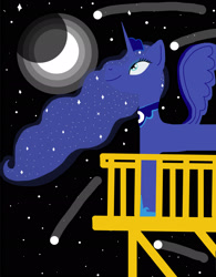 Size: 1491x1916 | Tagged: safe, artist:rainbow dash is best pony, character:princess luna, species:alicorn, species:pony, balcony, black background, comet, crown, ethereal mane, eyeshadow, full moon, galaxy mane, hoof shoes, jewelry, makeup, moon, necklace, night, regalia, shooting stars, simple background, smiling, spread wings, starry sky, stars, wings