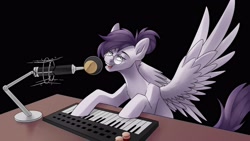 Size: 3840x2160 | Tagged: safe, artist:chibadeer, oc, oc only, oc:vylet, species:pegasus, species:pony, black background, desk, female, glasses, hooves, keyboard, mare, microphone, microphone stand, playing instrument, pose, recording studio, simple background, singing, sitting, solo, spread wings, wings