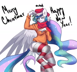 Size: 1920x1800 | Tagged: safe, artist:chibadeer, character:princess celestia, species:anthro, species:unguligrade anthro, christmas, clothing, female, hat, holiday, mistletoe, pose, santa hat, scarf, simple background, socks, solo, spread wings, stockings, striped socks, sweater, thigh highs, white background, wings