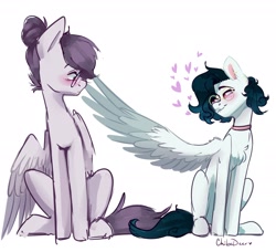 Size: 2454x2238 | Tagged: safe, artist:chibadeer, oc, oc only, oc:cadie, oc:namii, oc:vylet, species:pegasus, species:pony, blushing, boop, couple, female, glasses, heart, lesbian, looking at each other, love, mare, neckband, simple background, sitting, size difference, white background, wing boop