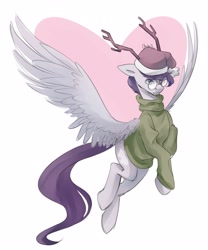 Size: 2500x3000 | Tagged: safe, artist:chibadeer, oc, oc only, oc:vylet, species:pegasus, species:pony, antlers, christmas, clothing, female, flying, glasses, hat, heart, holiday, mare, pose, reindeer antlers, santa hat, simple background, solo, spread wings, sweater, wings