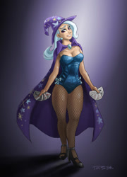 Size: 900x1253 | Tagged: dead source, safe, artist:pluckyninja, character:trixie, species:human, cape, card, clothing, female, fishnets, gradient background, hat, high heels, humanized, leotard, magician outfit, solo, trixie's cape, trixie's hat, wide hips
