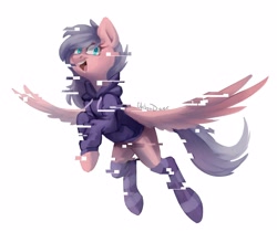 Size: 2744x2310 | Tagged: safe, artist:chibadeer, oc, oc only, oc:gearsy septima, species:pony, clothing, error, flying, glitch, glitch art, hoodie, simple background, socks, solo, white background