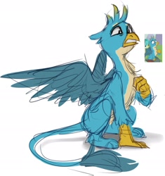 Size: 1812x1928 | Tagged: safe, artist:chibadeer, character:gallus, species:griffon, species:pony, concerned, male, scene interpretation, simple background, sitting, sketch, solo, spread wings, white background, wings