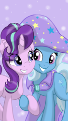 Size: 3072x5461 | Tagged: safe, artist:theroyalprincesses, character:starlight glimmer, character:trixie, species:pony, species:unicorn, best friends, cape, clothing, cute, diatrixes, eye clipping through hair, female, glimmerbetes, hat, holding hooves, looking at each other, mare, raised hoof, smiling, trixie's cape, trixie's hat