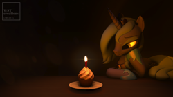 Size: 3840x2160 | Tagged: safe, artist:ventious, artist:wst-creations, character:princess luna, species:alicorn, species:pony, 3d, 4k, alone, birthday, candle, cupcake, dark, female, food, frown, happy birthday to me, lonely, mare, recreation, s1 luna, sad, solo, source filmmaker