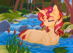 Size: 3996x2906 | Tagged: safe, artist:emberslament, artist:gaelledragons, character:sunset shimmer, species:pony, species:unicorn, blushing, chest fluff, collaboration, colored pencil drawing, cute, detailed background, ear fluff, eyes closed, female, flower, flower in hair, lily pad, mare, photo, river, shimmerbetes, solo, traditional art, tree, water
