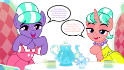 Size: 3550x2000 | Tagged: safe, artist:tomfraggle, species:earth pony, species:pony, species:unicorn, episode:what lies beneath, g4, my little pony: friendship is magic, clothing, cup, dialogue, dress, lidded eyes, looking at you, open mouth, simple background, speech bubble, stepford ponies, table, teacup, transparent background