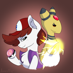 Size: 3000x3000 | Tagged: safe, artist:aurorafang, oc, oc only, oc:graph travel, species:pegasus, species:pony, ampharos, clothing, crossover, duo, electricity, freckles, hat, pokéball, pokémon, simple background, smiling, smirk, vest