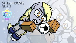 Size: 1920x1080 | Tagged: safe, artist:ashtoneer, character:derpy hooves, species:pegasus, species:pony, 4chan, 4chan cup, clothing, female, football, goalie, goalkeeper, jersey, mare, paper bag, safest hooves, shoes, solo, sports, text, wallpaper, zoom layer