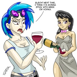 Size: 1000x1000 | Tagged: dead source, safe, artist:pluckyninja, character:dj pon-3, character:octavia melody, character:vinyl scratch, species:human, alcohol, bottle, bow tie, breasts, busty octavia, busty vinyl scratch, cheap, cleavage, clothing, dialogue, disgusted, duo, duo female, female, glass, glasses, goggles, humanized, open mouth, photoshop, red eyes, side slit, simple background, tongue out, white background, wine