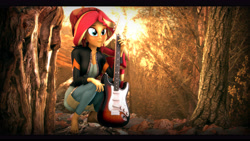 Size: 9600x5400 | Tagged: safe, artist:imafutureguitarhero, character:sunset shimmer, species:human, my little pony:equestria girls, 3d, absurd file size, absurd resolution, autumn, barefoot, beanie, black bars, bloom, blushing, bush, chromatic aberration, clothing, colored eyebrows, colored eyelashes, crepuscular rays, dress, electric guitar, equestria girls outfit, feet, female, fender, fender stratocaster, film grain, forest, freckles, guitar, hat, jacket, jeans, leather jacket, leaves, multicolored hair, musical instrument, outdoors, pants, realistic instrument, rock, smiling, solo, source filmmaker, squatting, stratocaster, tree, wallpaper