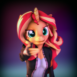 Size: 2160x2160 | Tagged: safe, artist:imafutureguitarhero, character:sunset shimmer, species:anthro, species:pony, species:unicorn, 3d, chromatic aberration, clothing, colored eyebrows, colored eyelashes, equestria girls outfit, female, film grain, finger gun, fingerless gloves, floppy ears, freckles, gloves, gradient background, high res, horn, jacket, long hair, looking at you, mare, multicolored hair, nose wrinkle, pointing, pointing at you, signature, smiling, solo, source filmmaker, square, windswept mane