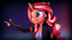 Size: 3840x2160 | Tagged: safe, alternate version, artist:imafutureguitarhero, character:sunset shimmer, species:anthro, species:pony, species:unicorn, 3d, 4k, chromatic aberration, clothing, colored eyebrows, colored eyelashes, equestria girls outfit, female, film grain, finger gun, fingerless gloves, floppy ears, freckles, gloves, gradient background, high res, horn, jacket, long hair, mare, multicolored hair, nose wrinkle, pointing, signature, smiling, solo, source filmmaker, wallpaper, windswept mane
