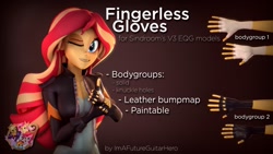 Size: 1191x670 | Tagged: safe, artist:imafutureguitarhero, artist:sindroom, part of a set, character:sunset shimmer, species:human, my little pony:equestria girls, 3d, clothing, download, download at source, downloadable, female, fingerless gloves, gloves, hand, jacket, leather gloves, leather jacket, multicolored hair, one eye closed, part of a series, smiling, solo, source filmmaker, text, thumbs up, wink