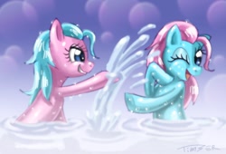 Size: 1468x1000 | Tagged: dead source, safe, artist:pluckyninja, character:aloe, character:lotus blossom, species:earth pony, species:pony, g4, bath, duo, duo female, female, mare, photoshop, playing, sisters, spa twins, twins, water, wet mane