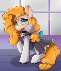 Size: 2400x2800 | Tagged: safe, artist:ardail, character:pear butter, species:earth pony, species:pony, bow tie, clothing, commission, cute, duster, ear fluff, female, high res, looking at you, maid, maid headdress, mare, mouth hold, solo, stockings, thigh highs