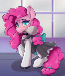 Size: 2400x2800 | Tagged: safe, alternate version, artist:ardail, character:pinkie pie, species:earth pony, species:pony, bow tie, clothing, commission, cute, dress, duster, ear fluff, female, high res, looking at you, maid, maid headdress, mare, mouth hold, solo, wrong eye color