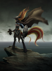 Size: 1022x1400 | Tagged: safe, artist:cosmicunicorn, oc, oc only, species:anthro, anthro oc, armor, cape, cliff, clothing, commission, hammer, shield, solo, viking, weapon