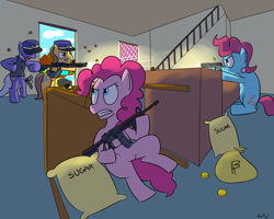 Size: 1750x1400 | Tagged: safe, artist:rapidstrike, character:caramel, character:cup cake, character:pinkie pie, species:earth pony, species:pony, g4, ar15, bipedal, caramel is awesome, crime, criminal, female, food, gun, hoof hold, male, mare, money, pistol, police, police pony, raid, rifle, shootout, shotgun, stallion, sugar (food)