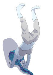 Size: 2894x4093 | Tagged: safe, artist:amazingpuffhair, character:sonata dusk, my little pony:equestria girls, belly button, clothing, exercise, female, handstand, midriff, simple background, solo, sports bra, upside down, white background