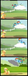 Size: 960x2593 | Tagged: dead source, safe, artist:veggie55, character:applejack, character:rainbow dash, species:earth pony, species:pegasus, species:pony, apple, cloud, comic, female, filly, foal, food, no dialogue, raincloud, running, running away