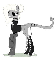 Size: 1556x1696 | Tagged: safe, artist:elementbases, artist:space--paws0w0, base used, oc, oc only, oc:akuma (ice1517), species:demon pony, species:pony, bedroom eyes, black sclera, boots, choker, clothing, colored sclera, converse, cross, demon, ear piercing, earring, female, grin, jewelry, mare, nose piercing, nose ring, pentagram, piercing, raised hoof, scar, shirt, shoes, simple background, smiling, solo, spiked choker, t-shirt, tattoo, transparent background