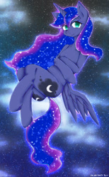 Size: 737x1200 | Tagged: safe, artist:divided-s, character:princess luna, species:alicorn, species:pony, both cutie marks, cute, dock, ethereal mane, eyeshadow, female, galaxy mane, lunabetes, makeup, night, pixiv, semi-anthro, sky, solo, stars