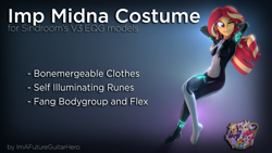 Size: 3840x2160 | Tagged: safe, artist:imafutureguitarhero, artist:sindroom, part of a set, character:sunset shimmer, species:human, my little pony:equestria girls, 3d, arm behind head, armpits, bodysuit, clothing, colored eyebrows, cosplay, costume, crossover, download, download at source, downloadable, fangs, female, floating, glow, gradient background, grin, high res, legend of zelda: twilight princess, midna, multicolored hair, one eye closed, part of a series, skintight clothes, smiling, solo, source filmmaker, text, the legend of zelda, the legend of zelda: twilight princess, wink