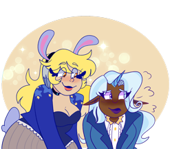 Size: 1280x1110 | Tagged: safe, artist:cubbybatdoodles, character:derpy hooves, character:trixie, species:human, ship:tripy, bunny suit, dark skin, ditzy doo, elf ears, female, horned humanization, humanized, lesbian, playboy bunny, shipping, unicorns as elves, wing ears