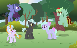 Size: 1556x980 | Tagged: safe, artist:razorbladetheunicron, character:flitter, character:thunderlane, oc, oc:blizzard, oc:citrus surprise, oc:mint chip, parent:flitter, parent:thunderlane, parents:flitterlane, species:pegasus, species:pony, lateverse, bow, clothing, daughter, female, group, hat, jacket, male, mare, next generation, offspring, scarf, son, stallion