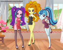 Size: 1078x856 | Tagged: safe, artist:charliexe, character:adagio dazzle, character:aria blaze, character:sonata dusk, my little pony:equestria girls, adoragio, adorasexy, ariabetes, cheongsam, clothing, cute, dress, female, flats, hand fan, indoors, legs, looking at you, one eye closed, pigtails, ponytail, schrödinger's pantsu, sexy, shoes, smiling, sonatabetes, stockings, the dazzlings, thigh highs, trio, twintails, wink, zettai ryouiki
