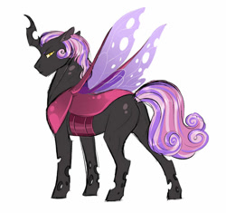 Size: 784x737 | Tagged: safe, artist:vindhov, oc, oc only, oc:heart's desire, parent:princess cadance, parent:queen chrysalis, parents:cadalis, commission, hybrid, interspecies offspring, looking back, magical lesbian spawn, offspring, pink changeling, simple background, solo, white background