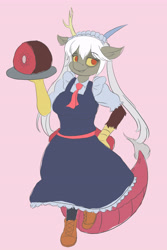 Size: 3600x5400 | Tagged: safe, artist:ardail, character:discord, oc:eris, species:anthro, species:draconequus, dragon maid, female, food, maid discord, maid eris, meat, miss kobayashi's dragon maid, pink background, rule 63, simple background, solo, tohru