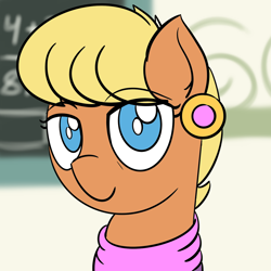 Size: 1280x1280 | Tagged: safe, artist:ashtoneer, character:ms. harshwhinny, species:pony, blurred background, bust, chalkboard, eye clipping through hair, female, ms. cutewhinny, no pupils, portrait, solo
