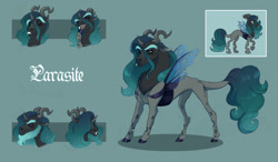 Size: 1280x745 | Tagged: safe, artist:vindhov, oc, oc only, oc:parasite, parent:discord, parent:queen chrysalis, parents:discolis, beard, blue background, changeling hybrid, character bio, cloven hooves, facial hair, female, hybrid, interspecies offspring, laughing, offspring, reference sheet, simple background, snaggletooth, solo