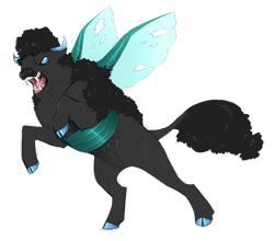 Size: 800x705 | Tagged: safe, artist:vindhov, oc, oc only, parent:chief thunderhooves, parent:queen chrysalis, species:buffalo, species:changeling, blue eyes, changeling hybrid, cloven hooves, colored hooves, colored sclera, crack ship offspring, fangs, hybrid, interspecies offspring, offspring, open mouth, rearing, simple background, solo, transparent background, wings