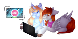 Size: 2613x1320 | Tagged: safe, artist:mauuwde, oc, oc only, oc:crystal summer, oc:fiery glow, species:pegasus, species:pony, computer, female, laptop computer, mare, prone