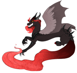 Size: 800x762 | Tagged: safe, artist:vindhov, oc, oc only, oc:blood moon, parent:discord, parent:nightmare moon, parents:nightmarecord, species:draconequus, species:pony, antagonist, black and red, ethereal eyebrows, ethereal mane, hybrid wings, interspecies offspring, offspring, simple background, solo, transparent background